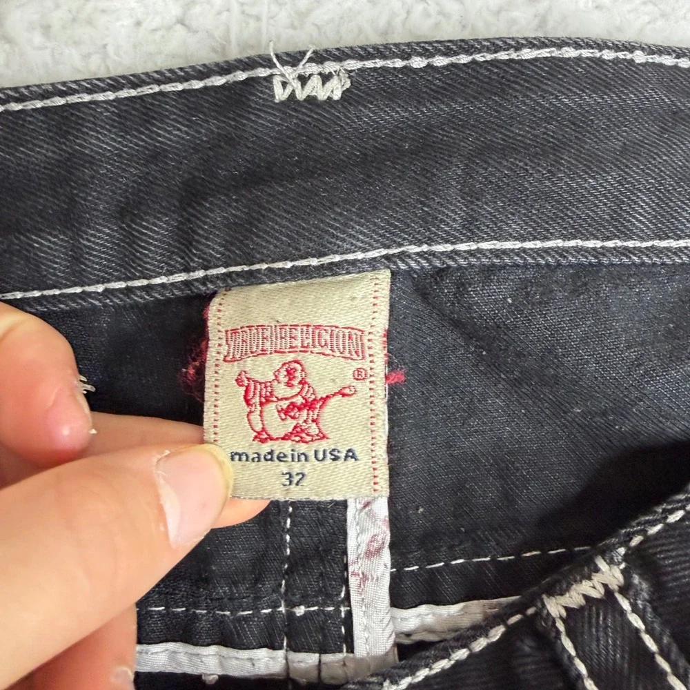 True Religion Joey Super T Black Jeans White Contrast Stitch Straight Leg 32